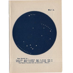 c. 1944 - Sternbild CASSIOPEIA Sternenkarte Lithographie-Original Weinlese-Druck - himmlischen Astronomie Diagramm der Sterne - Sternzeichen - selten