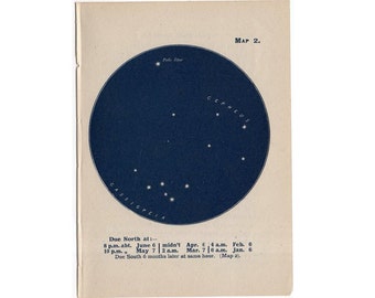 c. 1944  - CASSIOPEIA CONSTELLATION star map lithograph- original vintage print - celestial astronomy chart of the stars - zodiac - rare