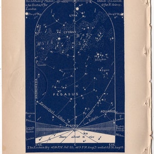 c. 1891 ESTRELLAS DE AGOSTO litografía celestial • impresión antigua original • litografía de carta celeste astronómica - Mapa oriental para agosto