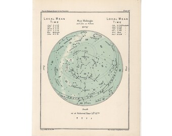 c. 1915 MAY STAR MAP • original antique astronomy print • celestial print of the month • birthday print • June on the reverse side