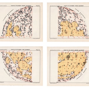c. Lithographies MOON CHART de 1955 • ensemble de 4 tirages vintage originaux • 4 quadrants de la lune - gravures d'astronomie - paysage lunaire - cartes de la lune