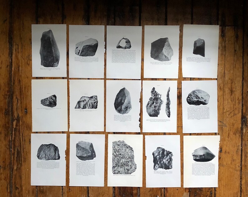 May include: A collection of 15 black and white photographs of various rocks and stones. Each photograph is mounted on a white card with a caption underneath.
