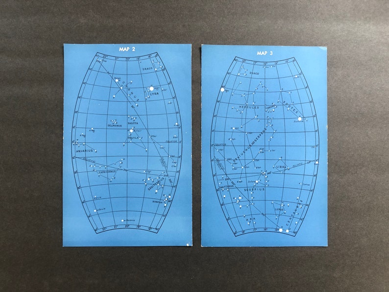 1946 STAR MAPS \u2022 set of 2 original vintage prints \u2022 blue celestial prints c map 2 /& 3 \u2022 astronomy prints \u2022 libra hercules scorpio