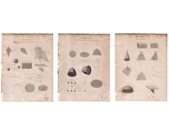 Grabados de MECÁNICA de c. 1819: conjunto de 3 grabados antiguos originales. Grabados científicos: grabados tecnológicos: presión, rotación, oscilación, gravedad.