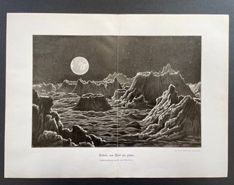 May include: A black and white illustration of a moon landscape with mountains and craters. The moon is visible in the sky above the mountains. The text "Holländ. vom Mond aus gesehen. Originalzeichnung von L. van Heiden" is printed below the image.
