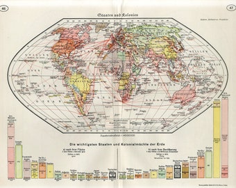 c. 1920 WORLD STATES & COLONIES map • original antique map • antique print • World map • colonialism map • Empire map