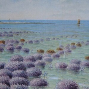 May include: A watercolor painting of a seascape with a distant shoreline and a light blue sky. The foreground features a field of purple, round, flower-like plants growing in shallow water.