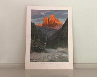 c. 1900 THREE PEAKS at sunset in Ampezzo ITALY print original antique landscape mountain lithograph