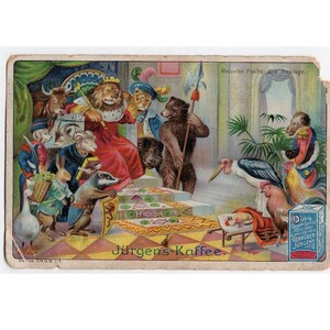 1960er Jahre LION KING THRONE Lithographie - original Vintage Druck - Miniatur deutsche Werbekarte - Tier-Metamorphosen