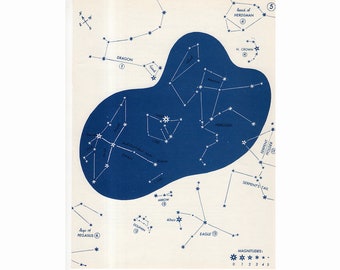 星座星図 1966年頃 - ビンテージ天文学プリント - 青い天体プリント - No. 5 - 北の星座
