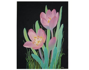 Litografía CROCUS FLOWER - pintura vintage original - estampado floral botánico floral coloreado a mano