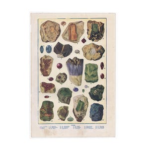 May include: Vintage illustration of various gemstones, including quartz, tourmaline, and amethyst. The image features a grid-like arrangement of colorful, irregularly shaped stones, each labeled with a number and name. The background is a faded, aged paper.