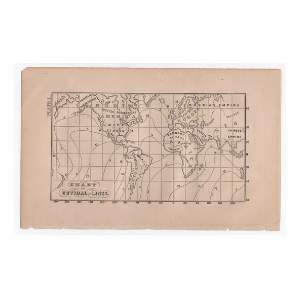 c. 1867 TIDE CHART engraving • original antique print • world chart of cotidal lines - world map - Tide table print - world tides map