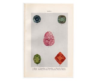 SEMI PRECIOUS STONES lithograph c. 1934 • original vintage print • mineralogy • gemstones • zircon tourmaline chrysolite  peridot topaz
