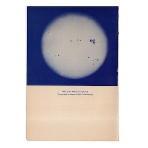 c.1934 SUN SPOTS lithograph - original vintage astronomy lithograph - cobalt blue celestial print - with solar prominences on reverse side