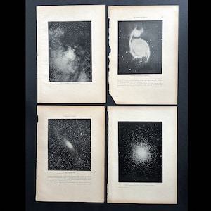 ca. 1900 Astronomie Lithographie • Set von 4 original antiken Drucken • Himmelsdrucke • Spiralnebel • Sterngruppe • Milchstraße • Andromeda