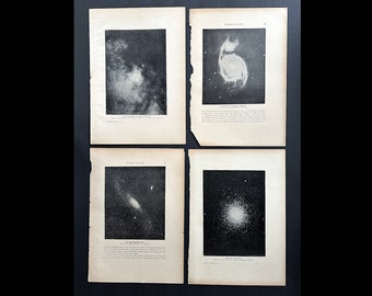 1900 年頃 天文学 リトグラフ • オリジナルアンティークプリント 4 枚セット • 天体プリント • 渦巻き星雲 • 星団 • 天の川 • アンドロメダ