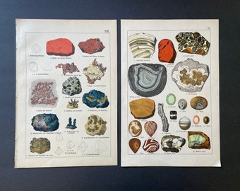 c. 1878 • GEMS & MINERALS lithographs • set of 2 original antique prints • mineralogy prints •  precious stones - geology prints