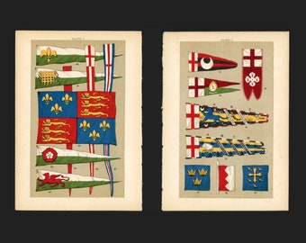 第一次世界大戦前の各国国旗を描いた1912年製アンティーク版画 - 2枚