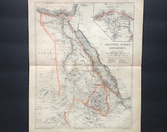 May include: A vintage map of Egypt, Nubia, and Abyssinia. The map is printed in black and white with red and brown accents. The map shows the Nile River, the Red Sea, and the Mediterranean Sea. The map also shows the major cities and towns in the region. The map is titled "AEGYPTEN, NUBIEN, ABYSSINIEN."