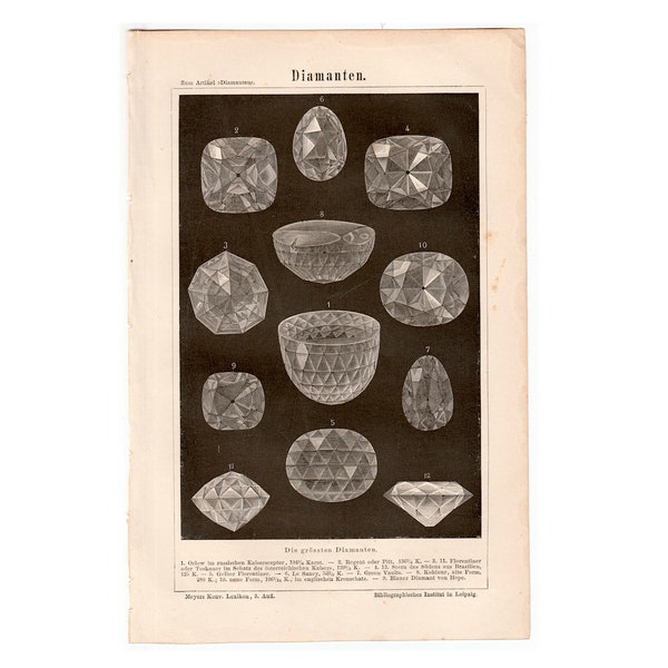 c. 1894 DIAMONDS lithograph - original antique print - diamond print • gemstones print - precious stones print - gem print • jewelry print