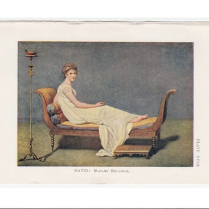 minuscule! c. 1907 PEINTURES CÉLÈBRES • Lithographie de DAVID • gravure ancienne originale • représentant une œuvre d&#39;art célèbre • Madame Récamier