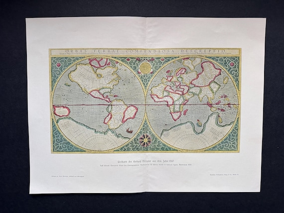 1900年頃の世界地図、オリジナルのアンティークプリント - 16世紀の