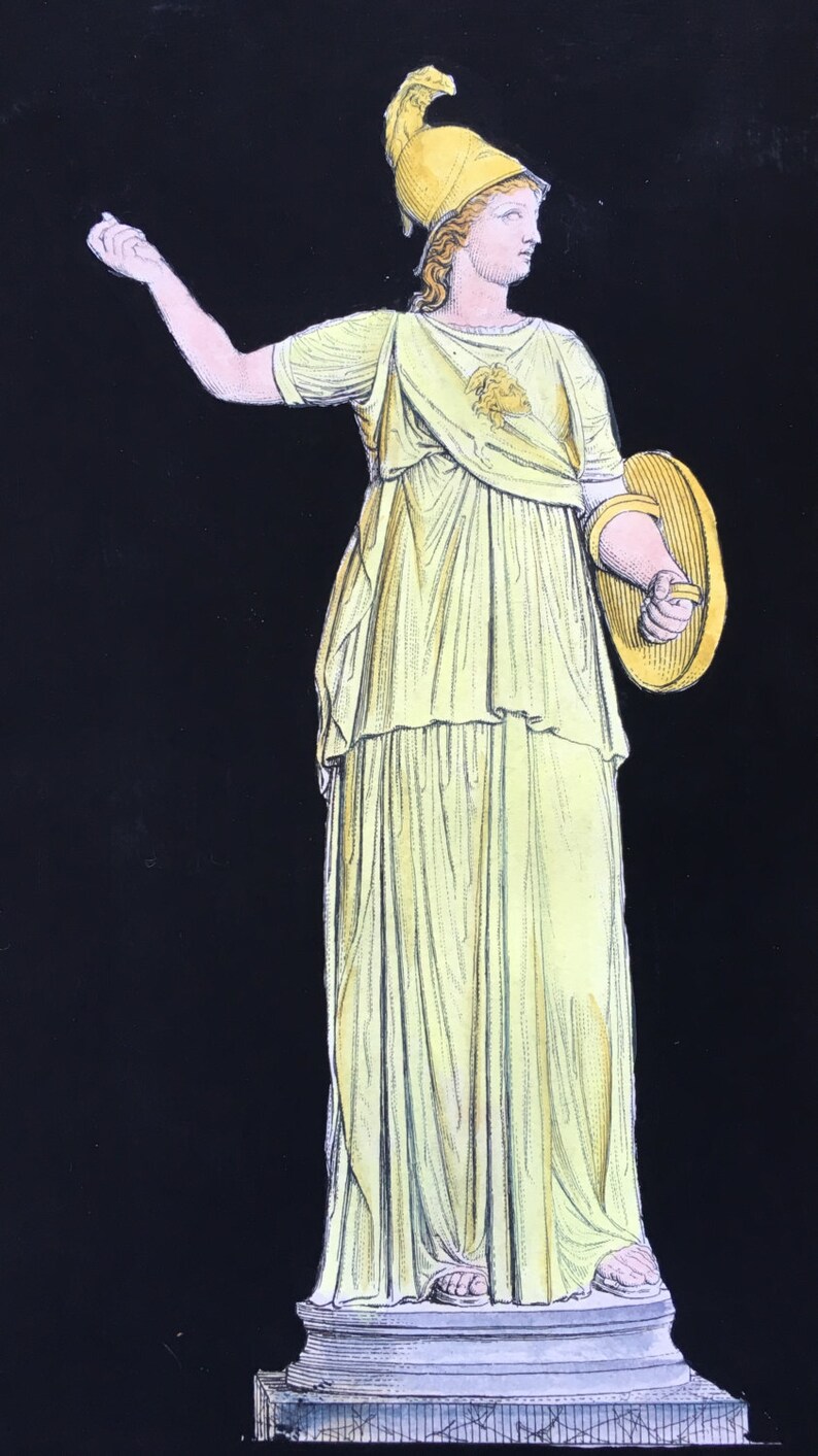 May include: A yellow and white statue of a woman wearing a helmet and holding a shield. The statue is standing on a pedestal.