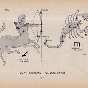 1946 CONSTELLATION CIJFERS originele vintage hemelse astronomielithografie - equatoriaal - boogschutter schorpioen waterman steenbok aquila