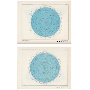 c. 1955 STAR MAP LITHOGRAPHS • Polo Norte y Polo Sur • conjunto de 2 impresiones vintage originales - cartas del cielo de constelaciones de astronomía celeste
