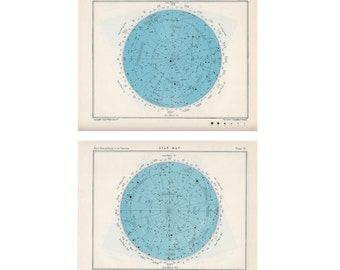 c. 1955 STAR MAP LITHOGRAPHS • North Pole & South Pole • set of 2 original vintage prints - celestial astronomy constellation sky charts