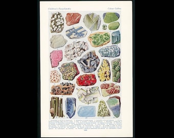 c. 1950's MINERALS lithographs • original vintage print • mineralogy print •  precious stone • geology print •  precious stone • geology