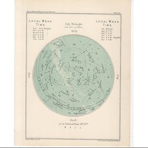 c. 1915 JULIO o AGOSTO Mapa estelar • impresión astronómica antigua original • impresión celestial del mes • impresión de cumpleaños • impresa en ambas caras