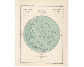 May include: A vintage star chart depicting the constellations visible in the night sky during July at midnight. The chart is printed on a light green background with black lines and dots representing the stars. The chart is labelled with the names of the constellations and the time of year.