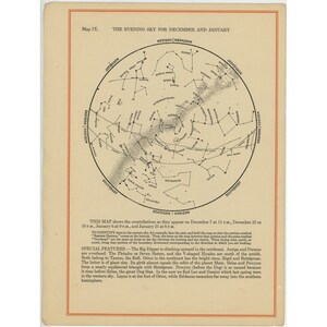 STAR MAP c. 1926 • Cielo nocturno en diciembre y enero • impresión de astronomía vintage original • mapa de constelación • mapa celeste • Mapas mensuales