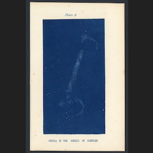 ¡raro! c. 1850 NEBULOSA EN SCUTUM grabado • grabado antiguo original • grabado astronómico • azul cobalto celeste • escudo de Sobieski