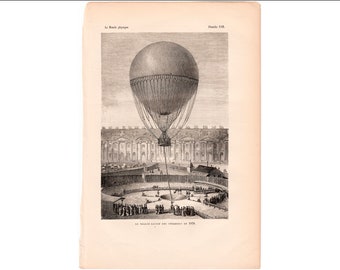 c.1881 AIR BALLOON lithograph - original antique print • aeronautics • flying machine • ballooning print • hot air balloon print