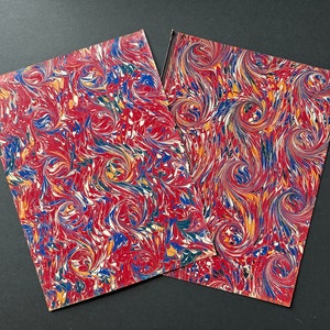 c. 1885 MARBLED PAPER on boards • set of 2 original antique papers • dark red & blue colored hand made marbled paper • decorative end papers
