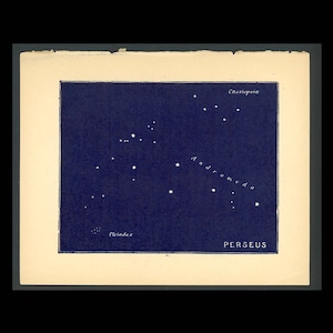 ¡diminuto! c. 1900 PERSEUS & ANDROMEDA litografía • grabado antiguo original • impresión astronómica • mapa estelar • azul celeste • impresión de constelaciones