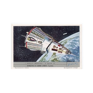 H. 1960 & 1970 SATELLIT Lithographie - Mini Vintage Werbekarte - Raumschiff - Raumfahrzeug - Raketenschiff - Weltraum • Astronomie