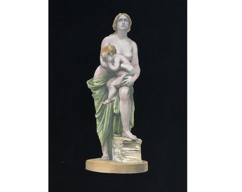 19e C. BEELD GRAVURE van een vrouw zeldzame originele antieke franse hand gekleurde gravure figuur sculptuur beeldtje
