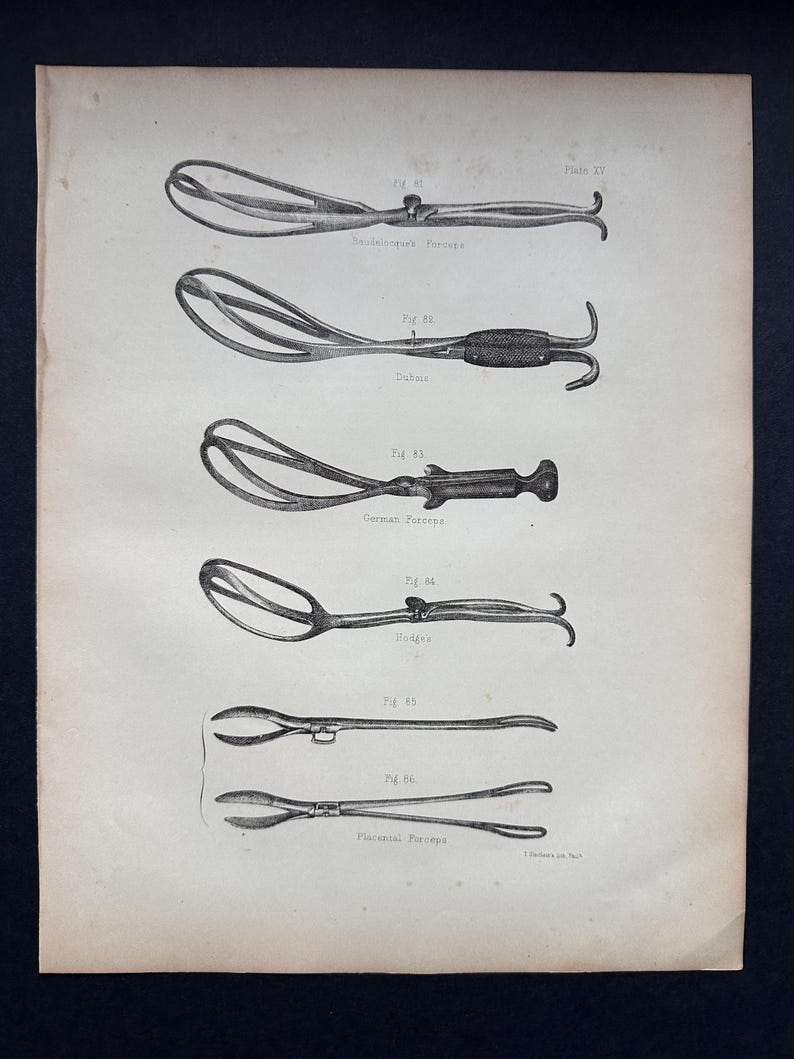 OBSTETRICAL FORCEPS Lithograph C. 1800's • Original Antique Print ...