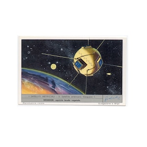 H. 1960 & 1970 SATELLIT Lithographie - Mini Vintage Werbekarte - Raumschiff - Raumfahrzeug - Raketenschiff - Weltraum • Astronomie