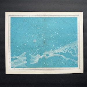 C. Mapa de 1908 SOUTH POLE STAR - impresión de astronomía antigua - litografía de carta estelar - impresión celestial azul con vía láctea y constelaciones
