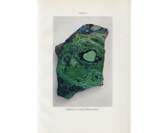 c 1934 lithographie MALACHITE & AZURITE • impression vintage originale • gemme minérale pierre dure pierre semi-précieuse bijou pierre gemme - lapidaire