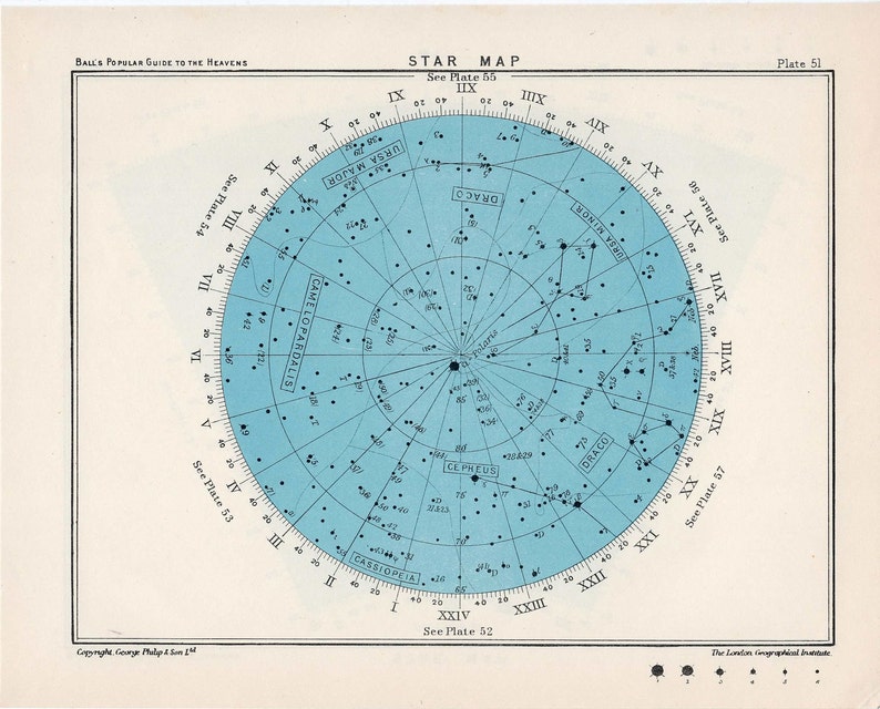 c. 1955 STAR MAP 51 original antique PRINT celestial print astronomy print constellation of North Pole Northern Hemisphere stars image 1