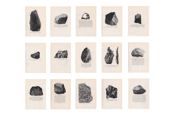 c. 1934 IRON METEORITE STONE lithographs - vintage lithographs - meteoric iron - shooting star & falling star debris - geology set of 15
