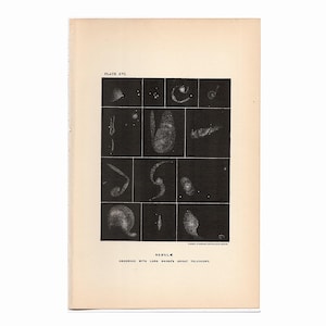 H. 1900 NEBULÆ Lithographie • Antiker Originaldruck • Astronomiedruck • Nachtnebeldruck • Mit Lord Rosse's Teleskop beobachtet