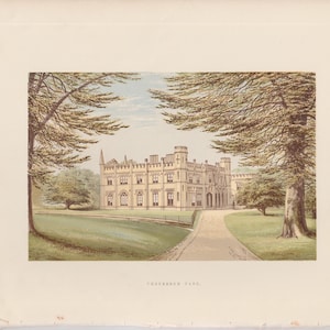 H. 1880 ENGLISH MANOR Druck • antiker Originaldruck • Architektur • Schlossherr • Thrybergh Park Druck