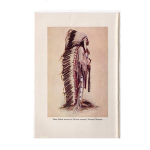 May include: An illustration depicting a Sioux Indian warrior in full war costume, viewed in profile. The warrior is adorned with a large feathered headdress, a fringed garment, and patterned leggings. The text at the bottom reads: "Sioux Indian warrior in full war costume, National Museum."